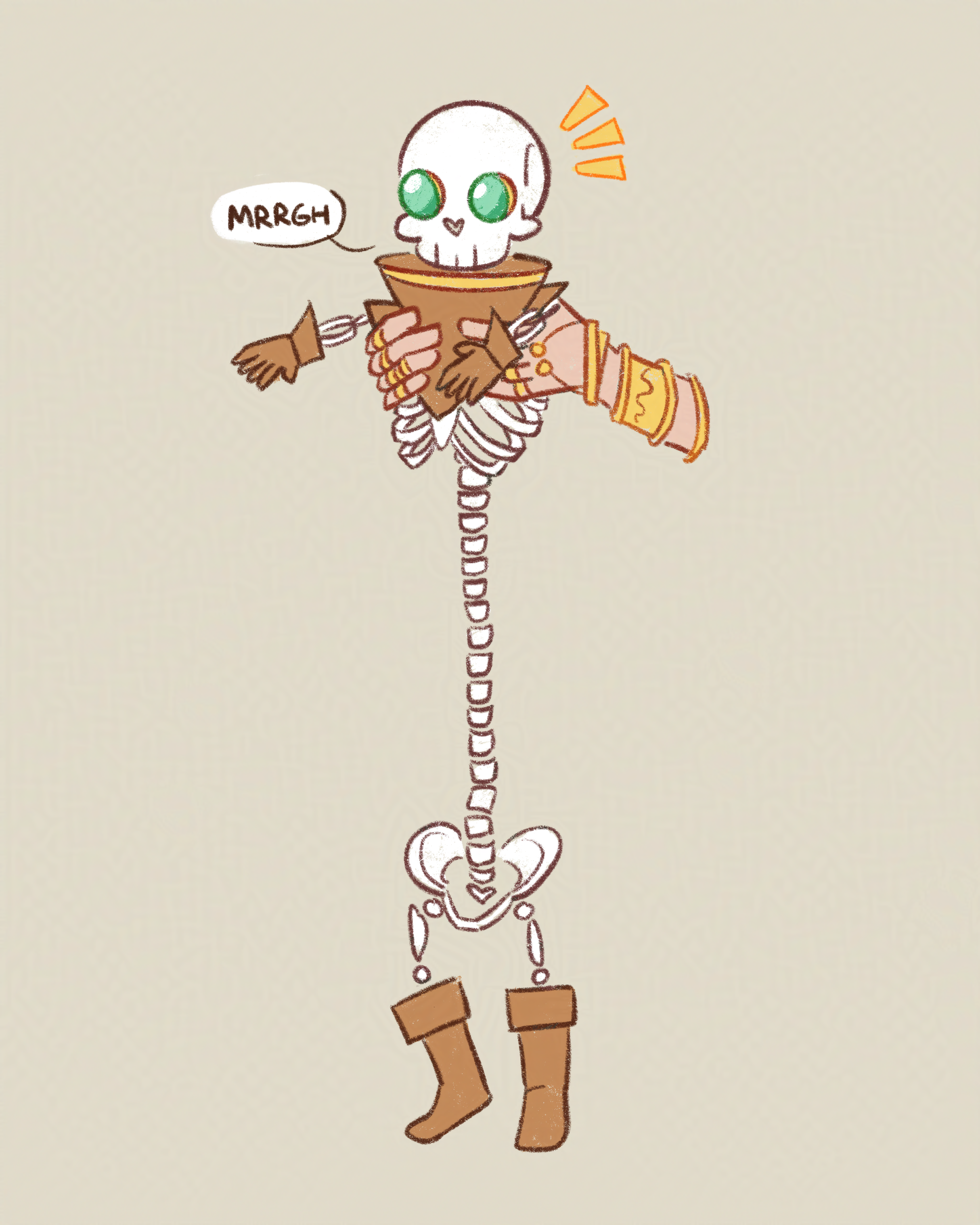 A mini Manfred is being held up by Emmrich. He's got a lot more spinal bones that usual like a long cat. He's rumbling a little 'mrrgh' with a pleasantly surprised emote.