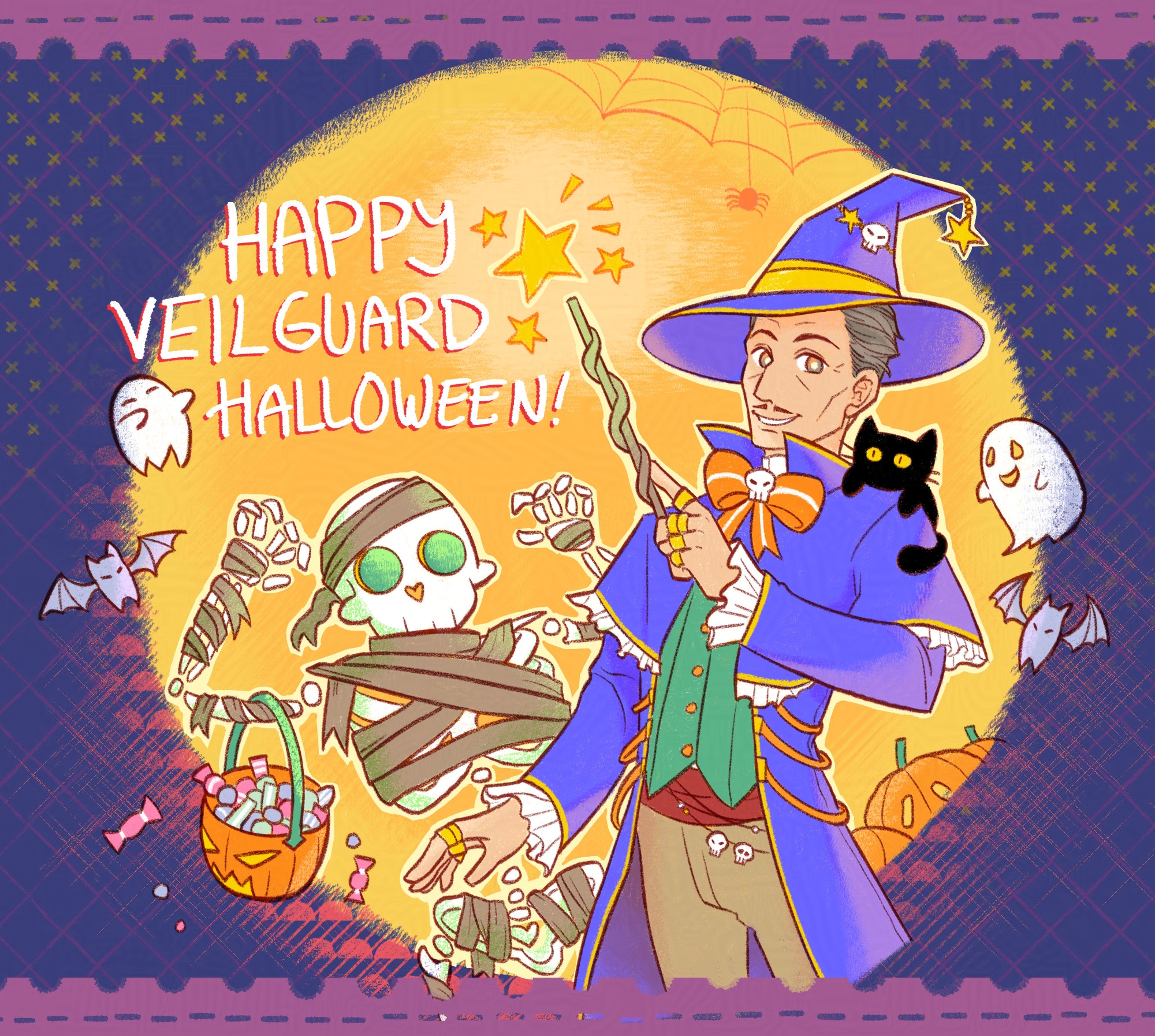 Emmrich is wearing a purple witch hat and coat with a cute orange bow, and Manfred is dressed up like a bandaged mummy. Emmrich is hold up a wand, while Manfred is holding a pumpkin bucket with spilled candy. They're in front of a glowing moon with an assortment of ghosts and bats around them. The title reads: Happy Veilguard Halloween!