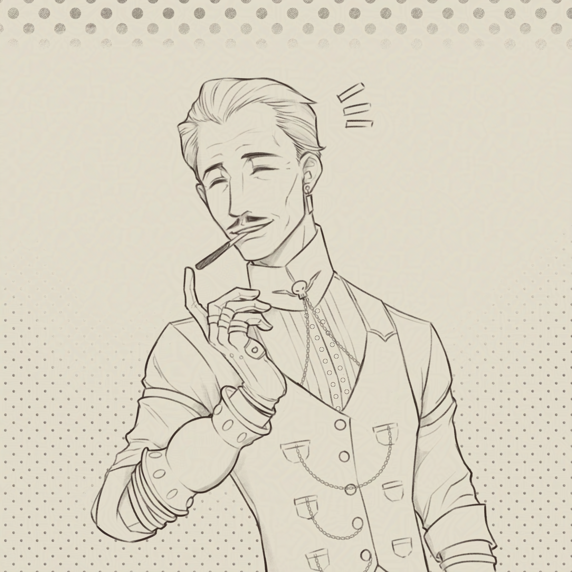 Emmrich is holding a pocky in his mouth, his eyes closed in joyful amusement. He's gesturing to the tip of the pocky with a finger.