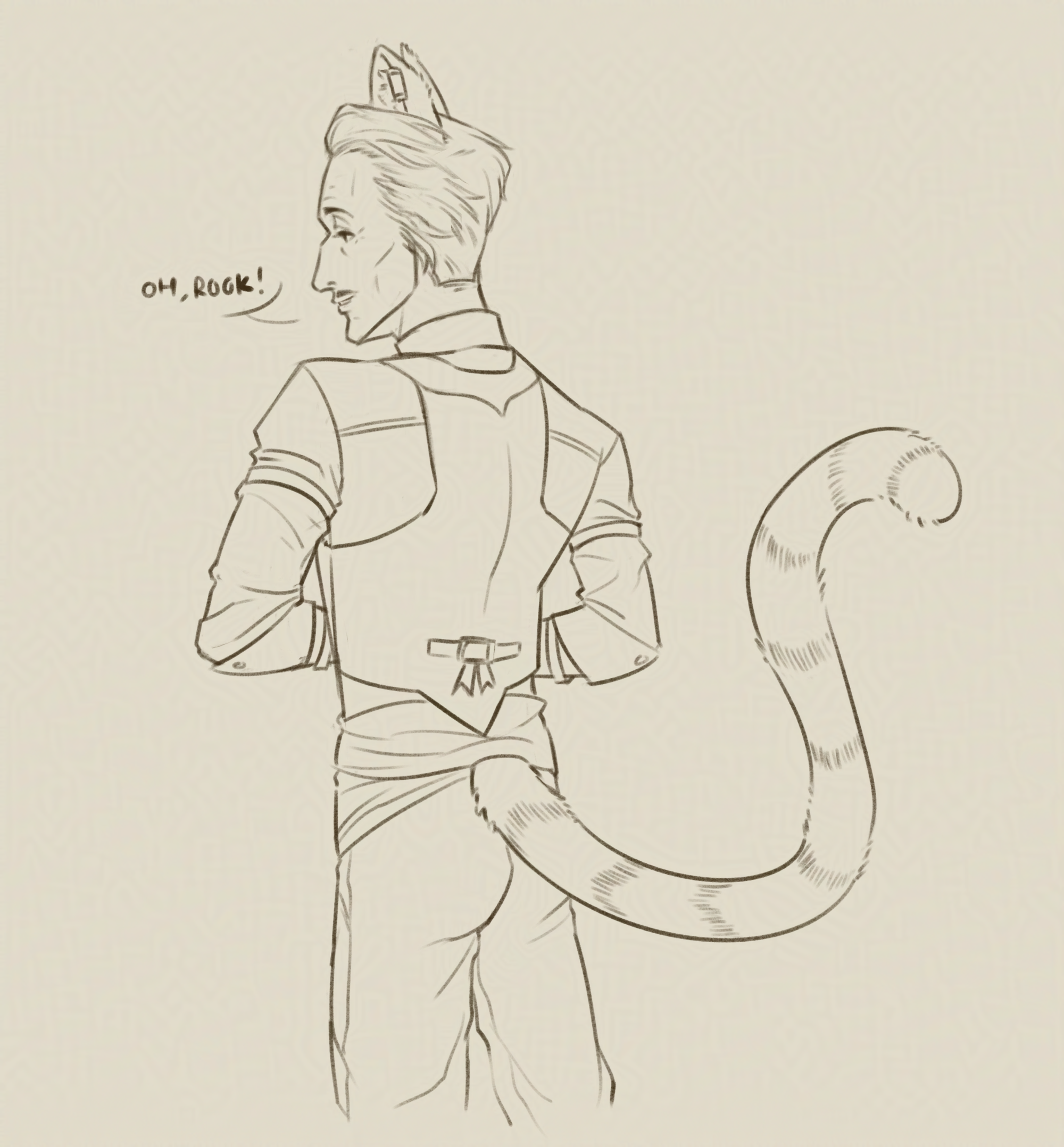 A back view of Emmrich looking off at the side fondly, saying 'Oh, Rook!' He has cat ears and a fluffy long tail that curls with interest.