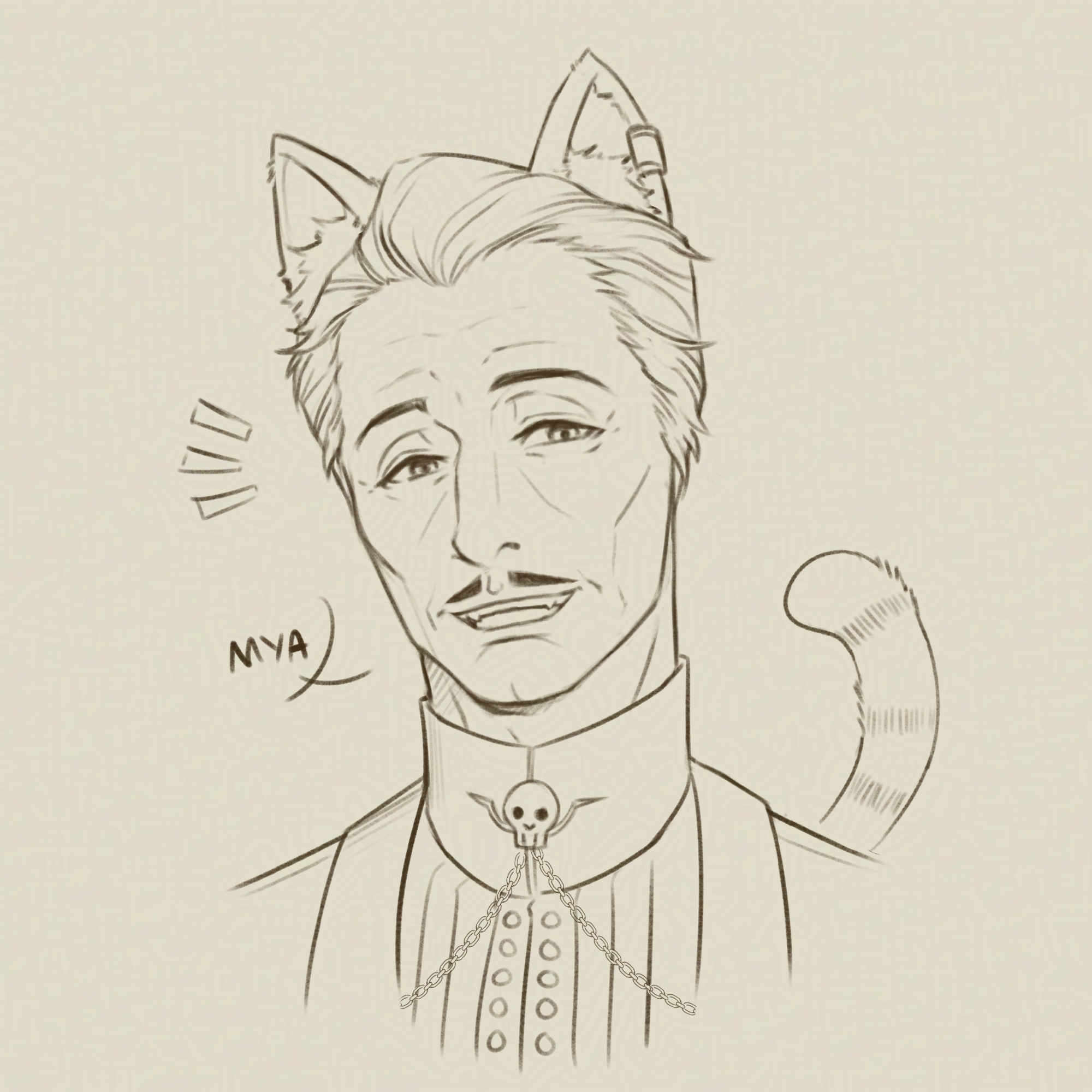 Emmrich with cat ears cheerfully going 'Mya' while smiling, showing off his sharp canines. His fluffy tail perks up behind him.