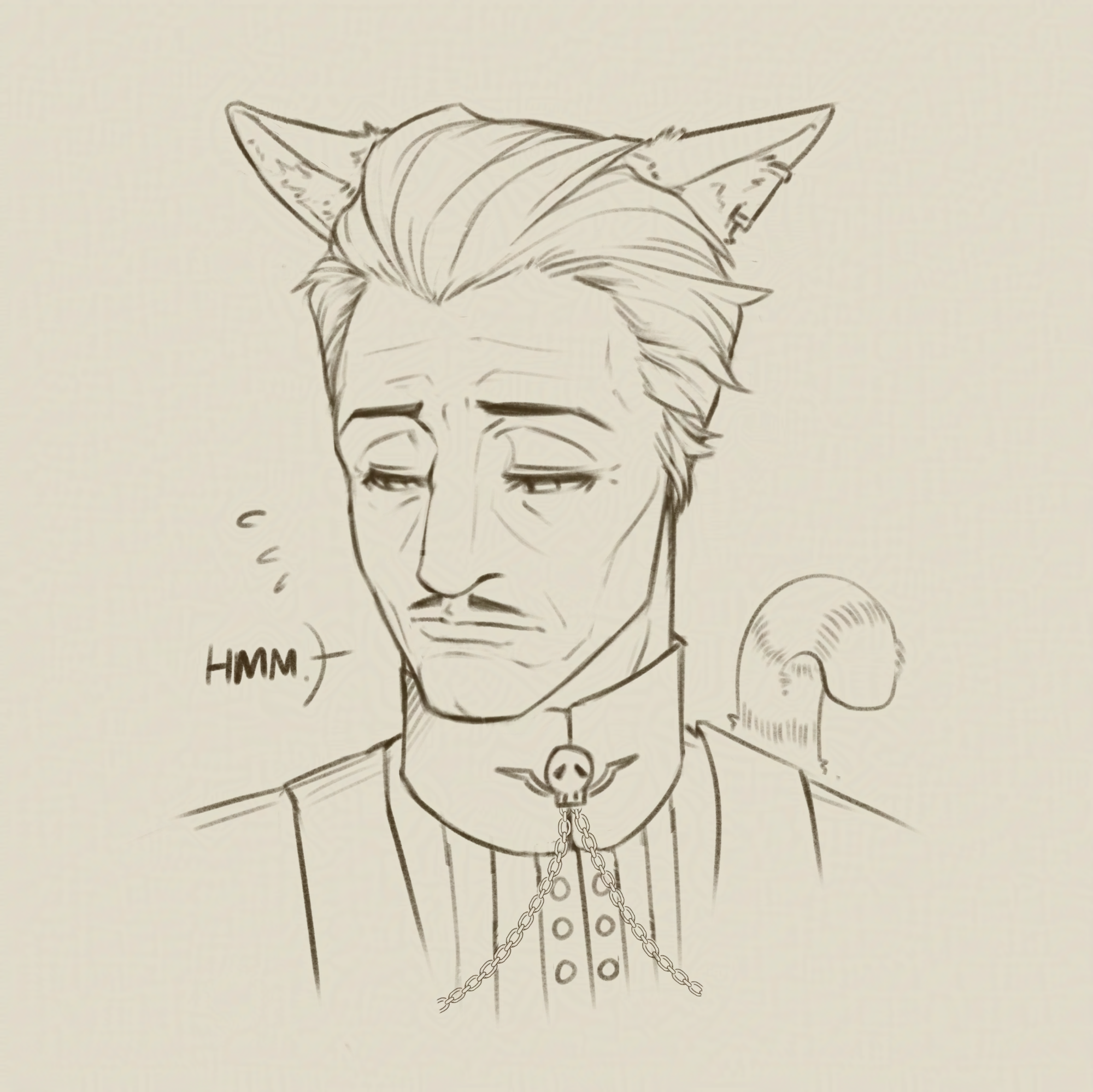 Emmrich with cat ears looking down pensively. His ears are also drooping down in sadness as he goes 'Hmm.' His fluffy tail behind him also curls into itself.