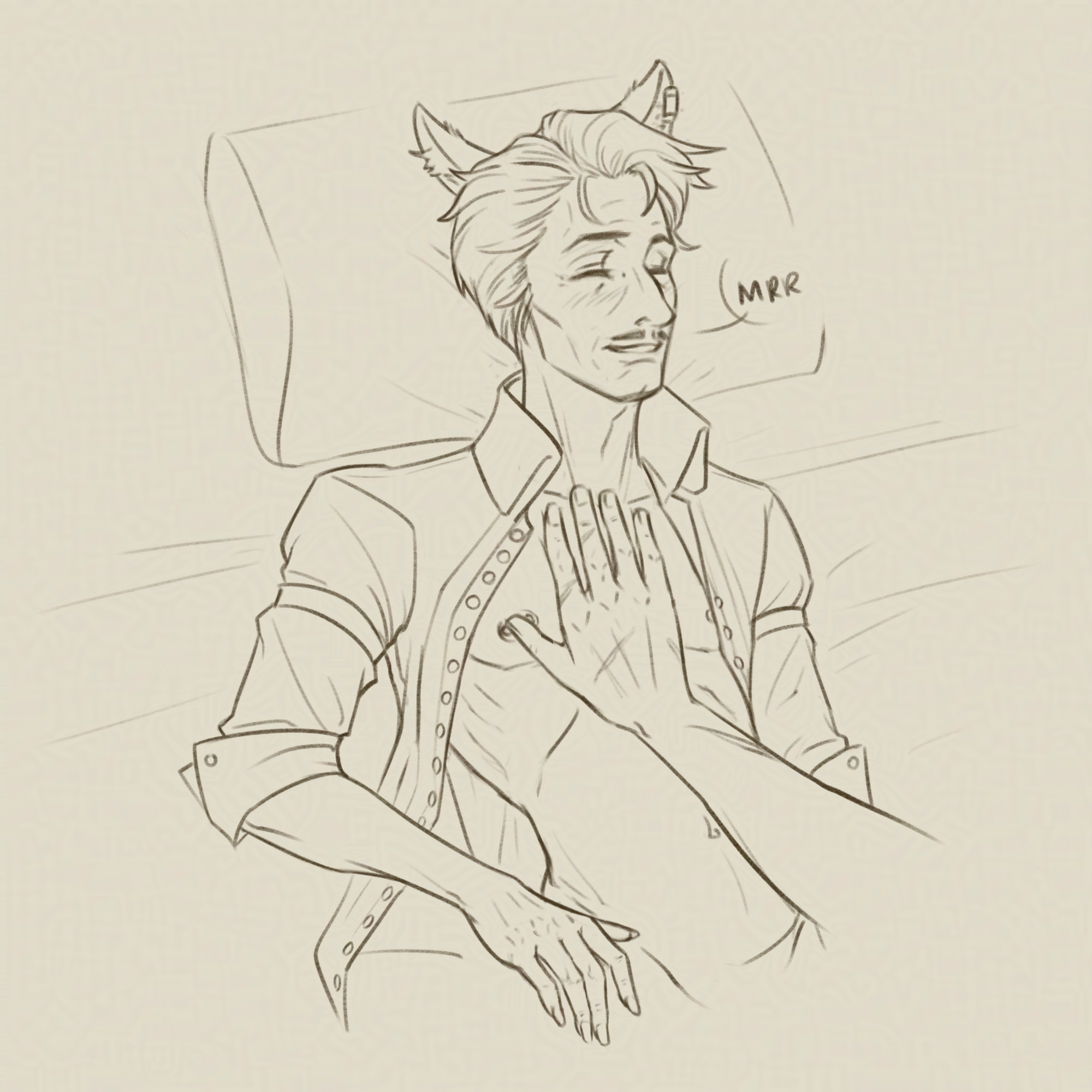 Emmrich with cat ears is lying back in bed, his dress shirt unbuttoned and revealing his bare chest. His face is scrunched up happily as he goes 'Mrr', while a hand is on his chest slightly pressing into it.