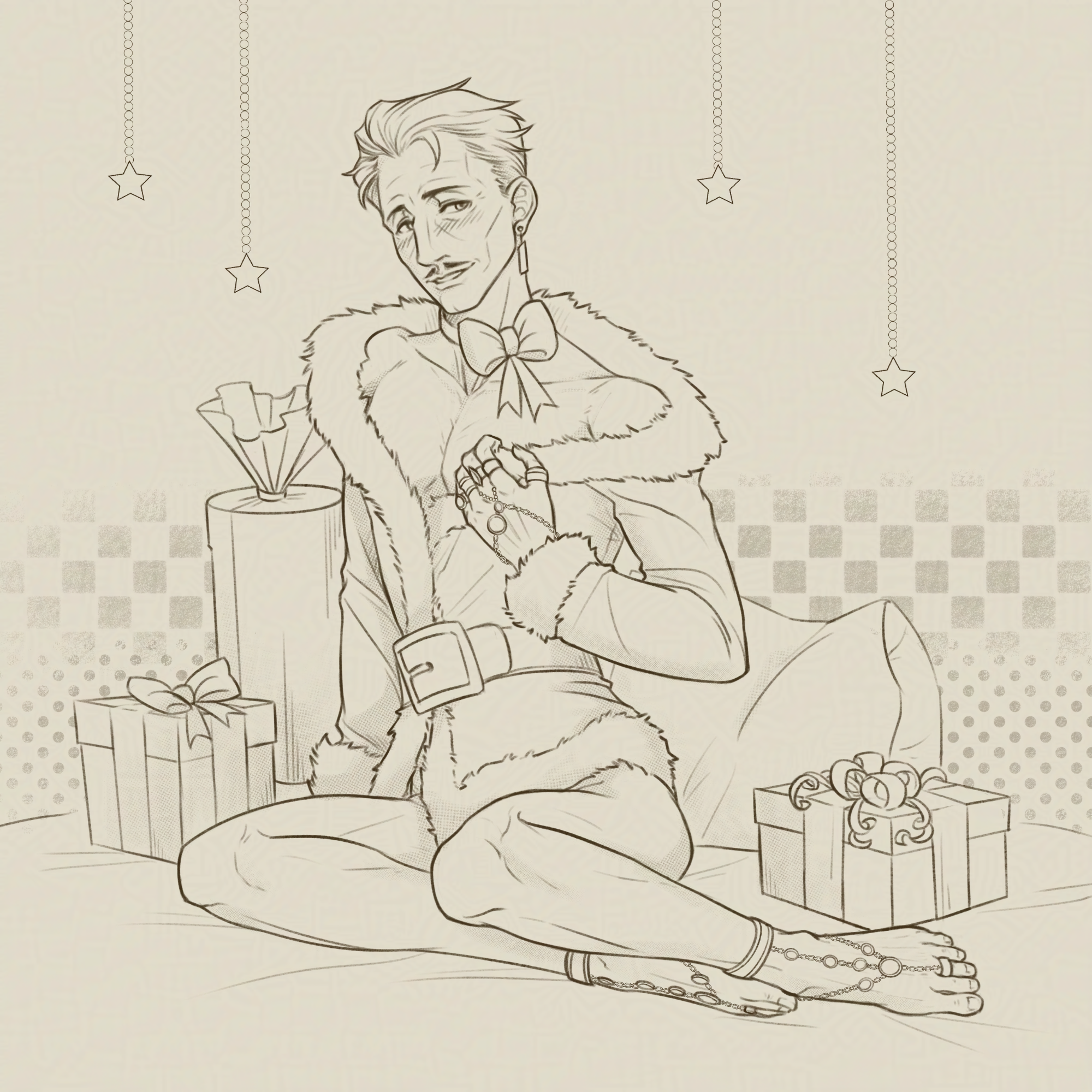 Emmrich is leaning back a little, only wearing a fluffy trim coat which is slipping off his shoulders. He gives a shy coy smile as he holds up the fur trim with one hand. There's a ribbon tied around his neck, and he's wearing hand and foot jewelry. He's surrounded by presents and a pillow.