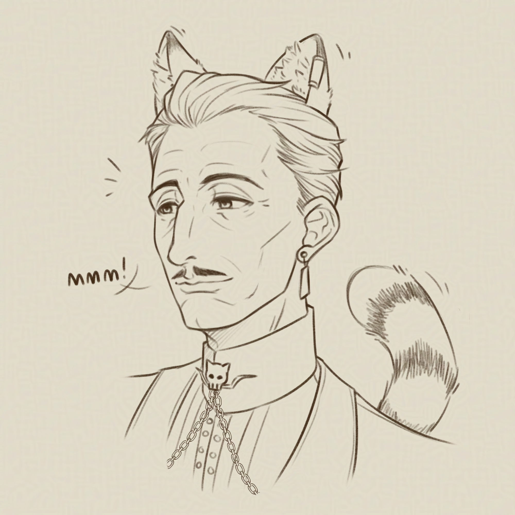 Emmrich has cat ears, and says 'Mmm!' with a pleased expression. His cat ears and fluffy tail behind him twitches in delight.