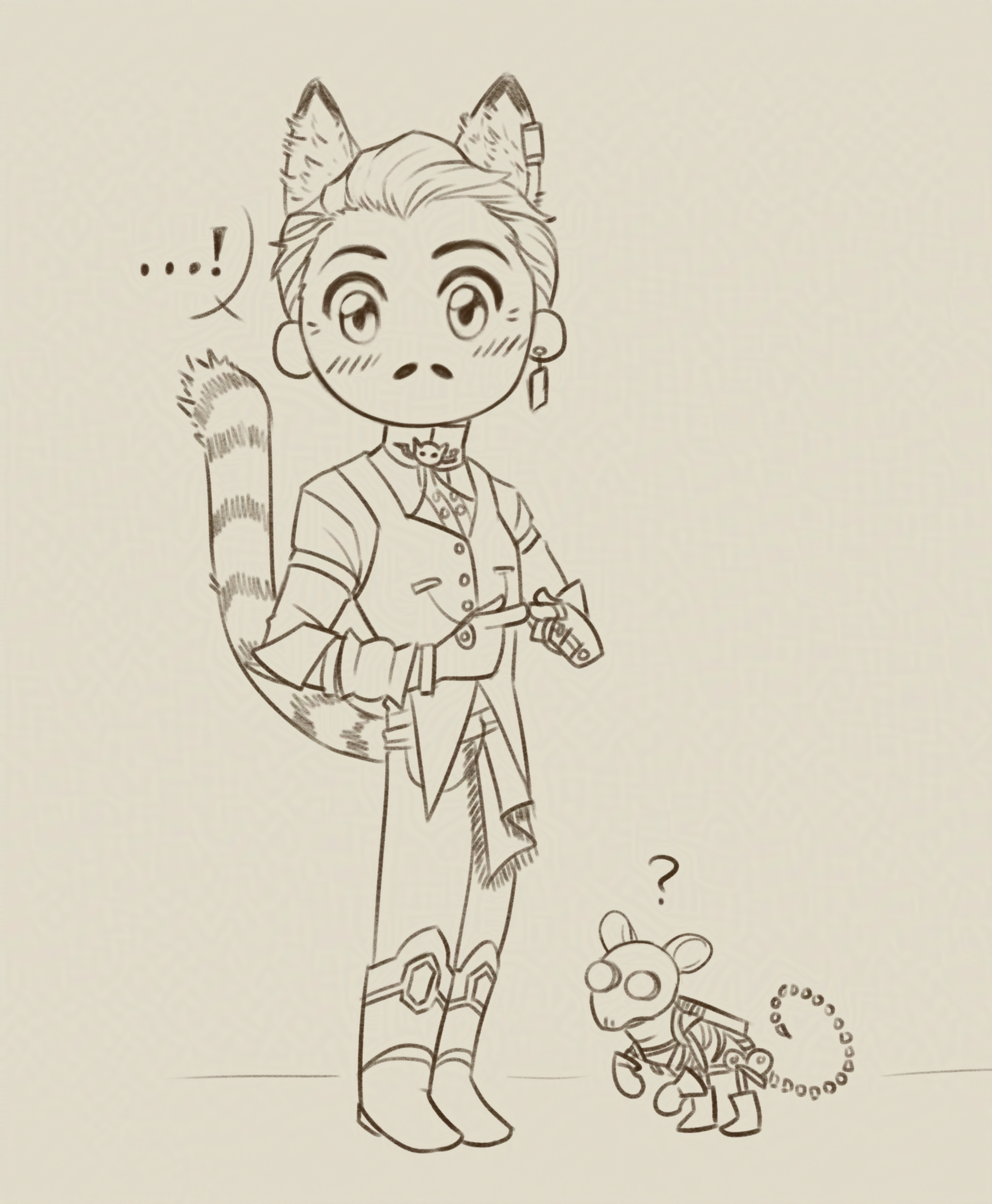 A chibi version of Emmy. He's looking directly at you, shocked as he presses his index fingers together. His eyes are wide open, and his cat ears and tail are spiked up and ruffled in surprise. He has a speech bubble with '...!'. Manfred the mouse is at Emmrich's feet as a much smaller skeletal mouse. He has a teeny head that mysteriously has mouse ears, with a question mark above it.