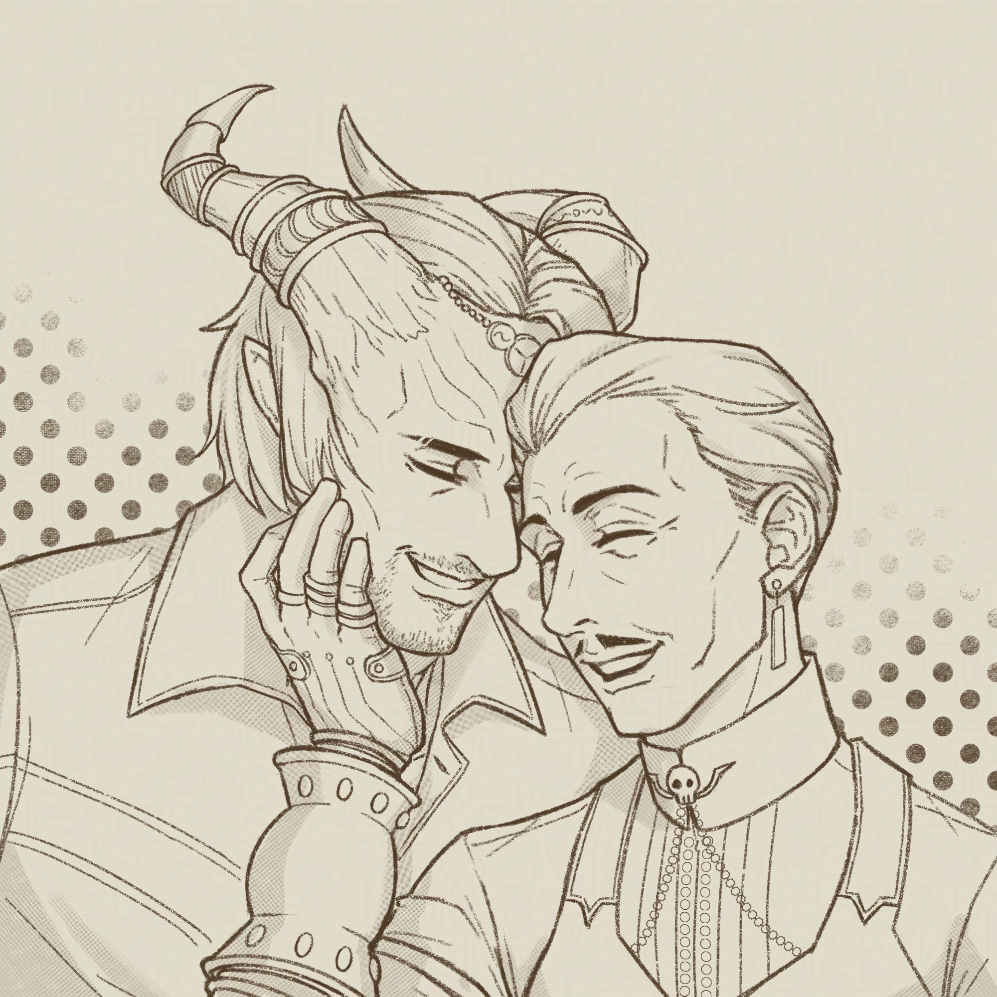 Rook (a tall big Qunari) and Emmrich have their foreheads pressed together and sharing a laugh. Emmrich cradles Rook's cheek with a hand.