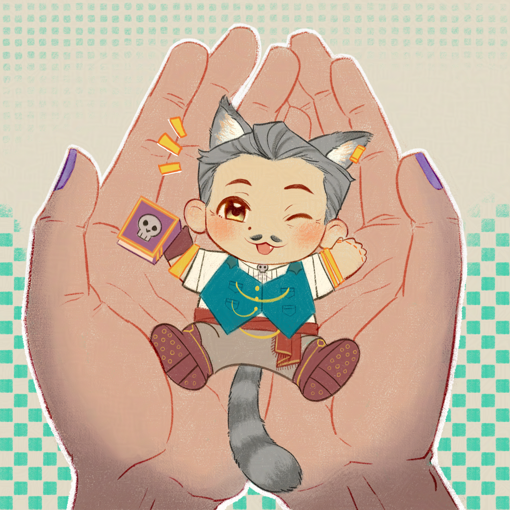 A small kitty Emmy held in the palms of Rook's hands. He's lying on his back in pleasant delight, while holding a tiny book. He looks like he's perfectly fine with it if Rook decides to nuzzle his little tummy.