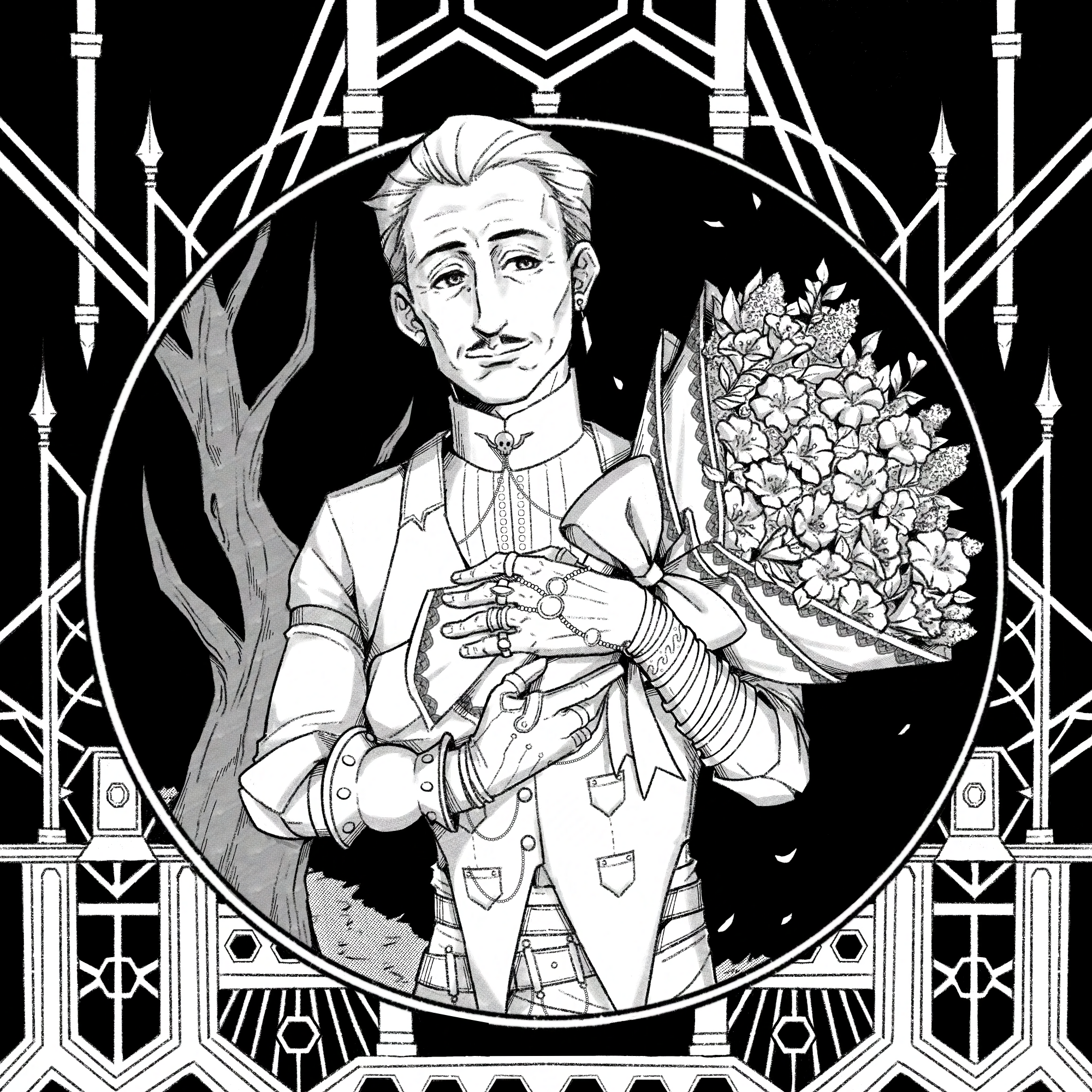 A black and white drawing of Emmrich cradling a giant bouquet of shroud's kiss and lilac flowers, wrapped in lace trim paper and a big bow. He's looking off at the side with a little smile. Some petals are scattered in the background, and there's a tree with bare branches on the left. Emmrich is framed by a circle with (hopefully elaborate) ironwork fencing.