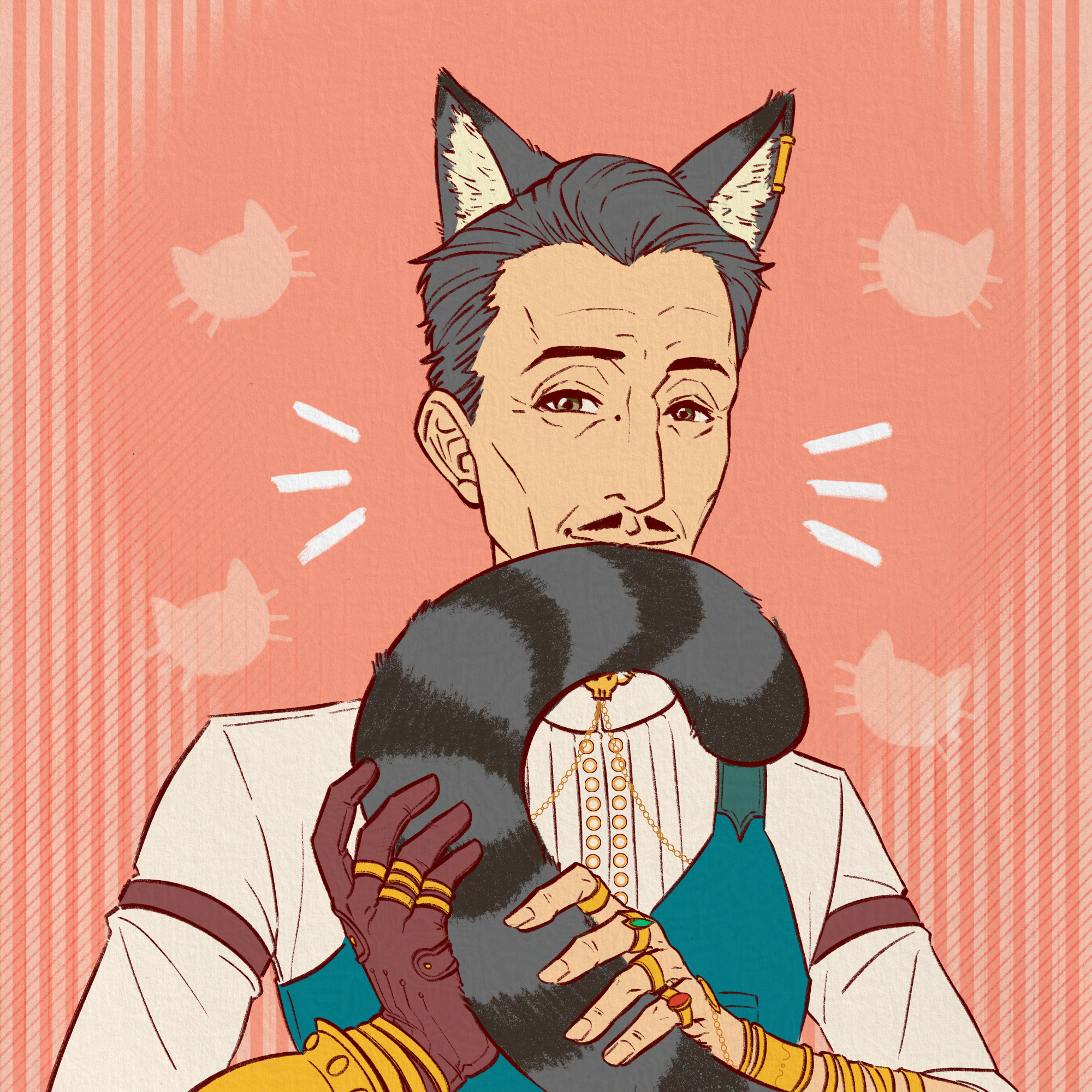 Emmrich with cat ears is cheerfully holding up his fluffy long tail up to his lips, almost as though he's bite holding it like what some cats do.