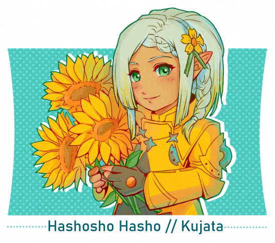 A Warrior of Light lalafell with white hair and dressed in a yellow coat is holding a bunch of sunflowers. She's smiling at the viewer. Underneath is the caption: Hashosho Hasho (from) Kujata.