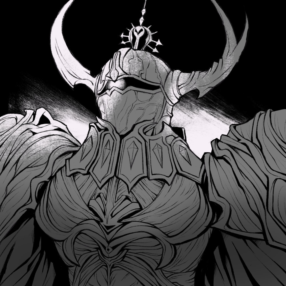 Golbez in his suit of armour is shown from chest up. He's mostly in the dark, but there is a small burst of light hovering near his head.