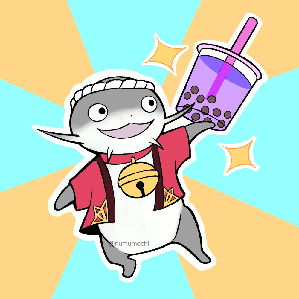 A Namazu in its traditional festive outfit is holding up a purple bubble tea.